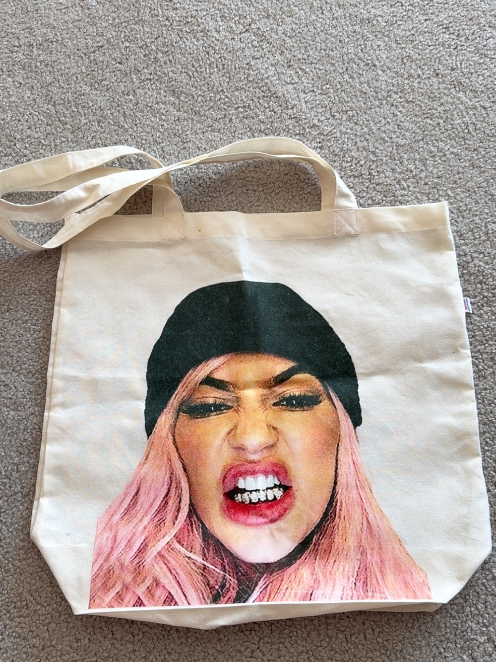 Cream Canvas Tote with Pink Graphic Face Print